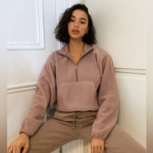 TNA | Aritzia polar fleece half zip sweatshirt beige crop adjustable bottom sz S